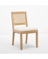 Flynama Set of 2 Solid Hardwood Cane Rattan Linen Upholstered Farmhouse Dining Side Chairs