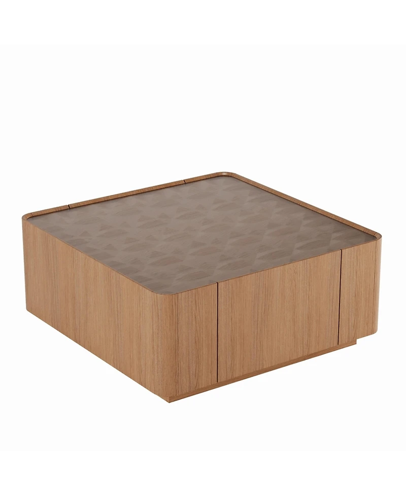 Flynama Square Glass Coffee Table Walnut Frame Storage Drawers Modern Living Room Table