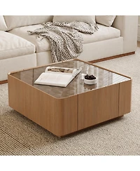 Flynama Square Glass Coffee Table Walnut Frame Storage Drawers Modern Living Room Table