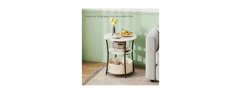 Flynama Round Side Table with Charging Station 3 Tier Storage Fabric Bag