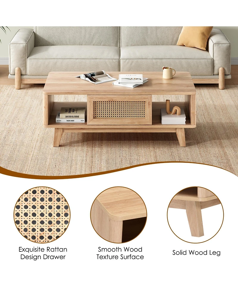flynama Mid-Century Square Coffee Table with Rattan Drawer and Solid Wood Legs