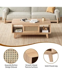 flynama Mid-Century Square Coffee Table with Rattan Drawer and Solid Wood Legs