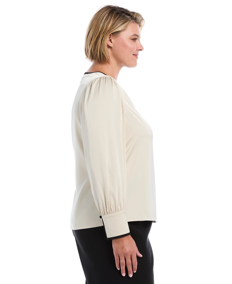 Rafaella Plus Satin Split-Neck Long-Sleeve Blouse