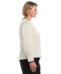 Rafaella Plus Satin Split-Neck Long-Sleeve Blouse