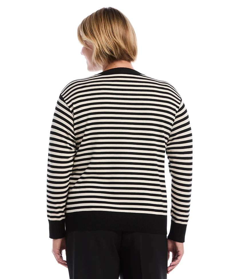 Rafaella Plus Striped Crewneck Ribbed Trim Pullover Sweater