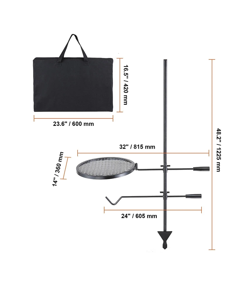 Sugift Swivel Campfire Grill Heavy Duty Steel Fire Pit Grill Grate 360 Adjustable Portable Outdoor Bbq
