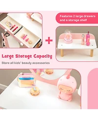 Gouun Kids Vanity Table and Chair Set with Storage Drawer and Rabbit Mirror