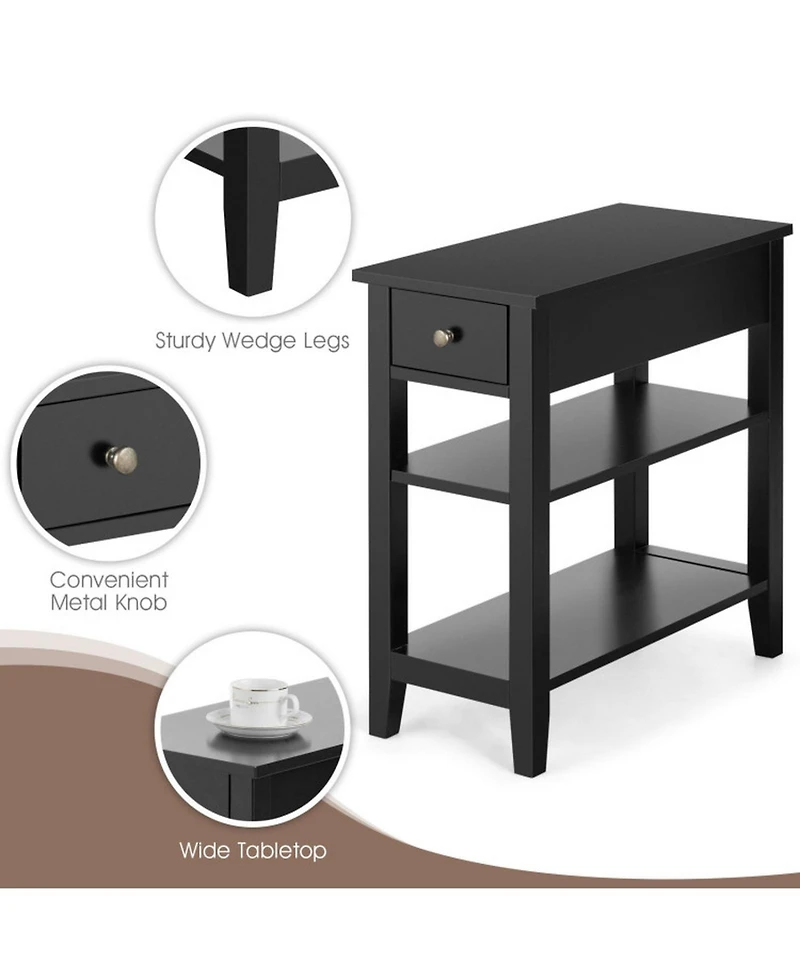 Gouun 3-Tier End Table Nightstand with Drawer and Double Open Shelves