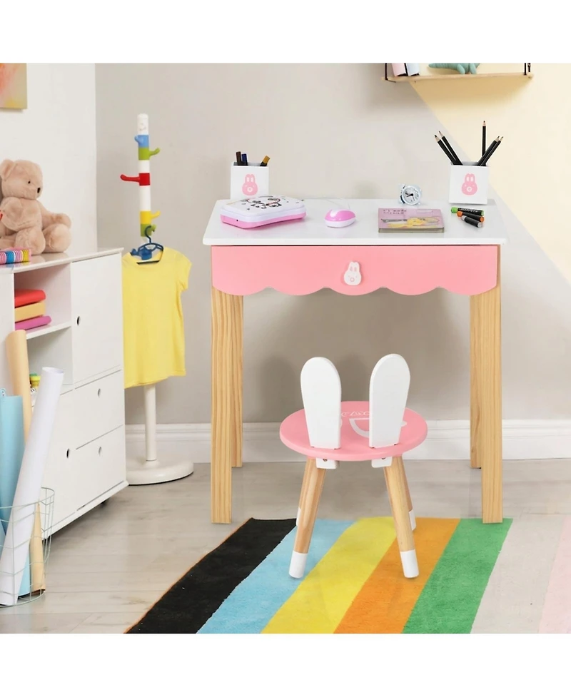 Gouun Kids Rabbit Vanity Table Chair Set with Detachable Mirror and Drawer
