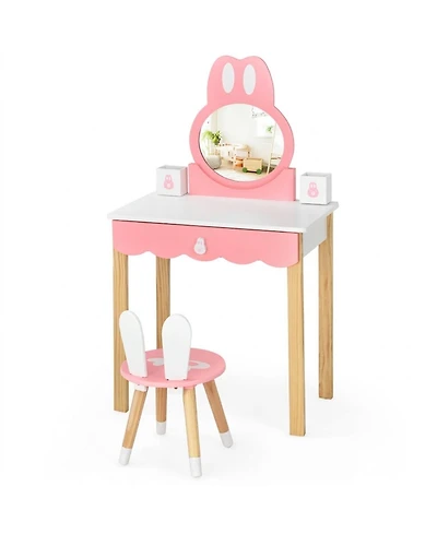 Gouun Kids Rabbit Vanity Table Chair Set with Detachable Mirror and Drawer