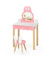 Gouun Kids Rabbit Vanity Table Chair Set with Detachable Mirror and Drawer