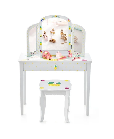 Gouun Kids Vanity Table Set with Tri-Folding Mirror and Pull-Out Drawer