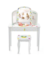 Gouun Kids Vanity Table Set with Tri-Folding Mirror and Pull-Out Drawer