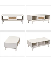 Flynama Mid-Century Square Coffee Table with Rattan Drawer and Solid Wood Legs