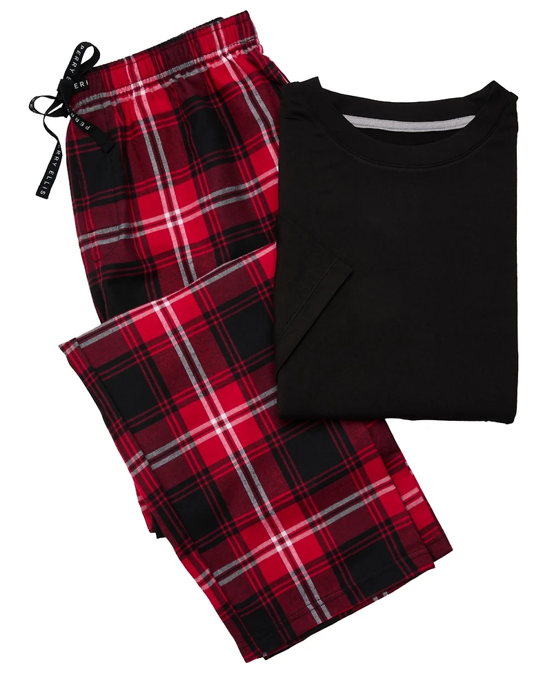 Perry Ellis Portfolio Men's Deluxe Touch Crewneck T-Shirt and Flannel Plaid Pants, 2-Piece Set