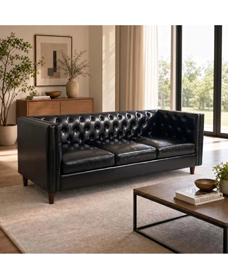 homfan 81'' Modern Leather Couch for Living Room, Mid Century Sofa with Deep Seat, Handmade Button Tufted Sofa, Chesterfield 3 Seat