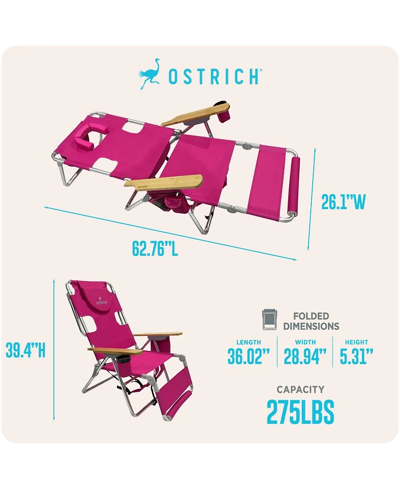 Ostrich The Woody Backpack 3N1 Chair Cooler Bag and Reclining Lounger, Pink