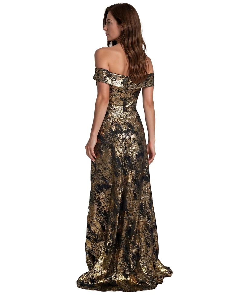 Rene Ruiz Occasion Women's Off The Shoulder Metallic Jacquard Draped Column Gown