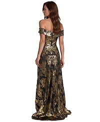Rene Ruiz Occasion Women's Off The Shoulder Metallic Jacquard Draped Column Gown
