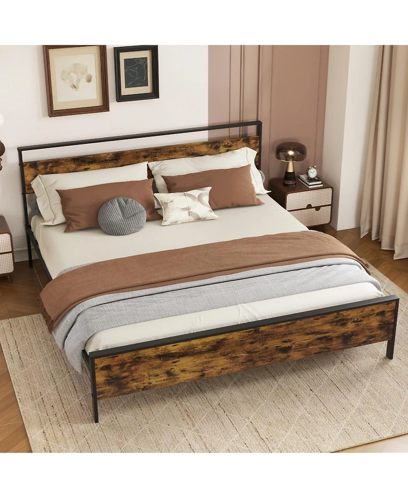 Slickblue Modern Industrial Bed Frame with Wood Headboard and Metal Base