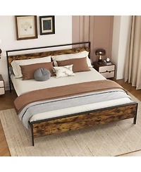 Slickblue Modern Industrial Bed Frame with Wood Headboard and Metal Base