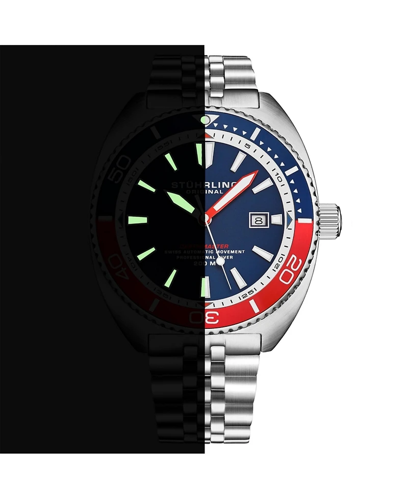 Stuhrling 1008 Men s Automatic Watch Tonneau Stainless Steel Case Blue Dial Pepsi Red Blue Bezel Jubilee Bracelet 200M Water Resistant Date Window