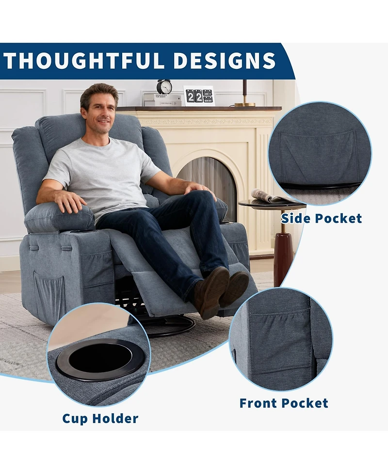 homfan Rocking Recliner for Adults Oversized 360degree(s) Swivel Manual Chair | Breathable Linen with Cup Holder Side Pockets