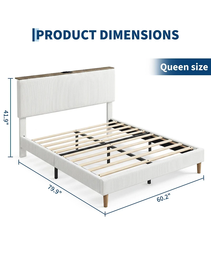 homfan Bed Frame Headboard, Upholstered Platform Bed Frame, Corduroy Storage Headboard, Charging Station, Led Lights, Noise Free