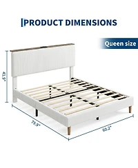 homfan Bed Frame Headboard, Upholstered Platform Bed Frame, Corduroy Storage Headboard, Charging Station, Led Lights, Noise Free