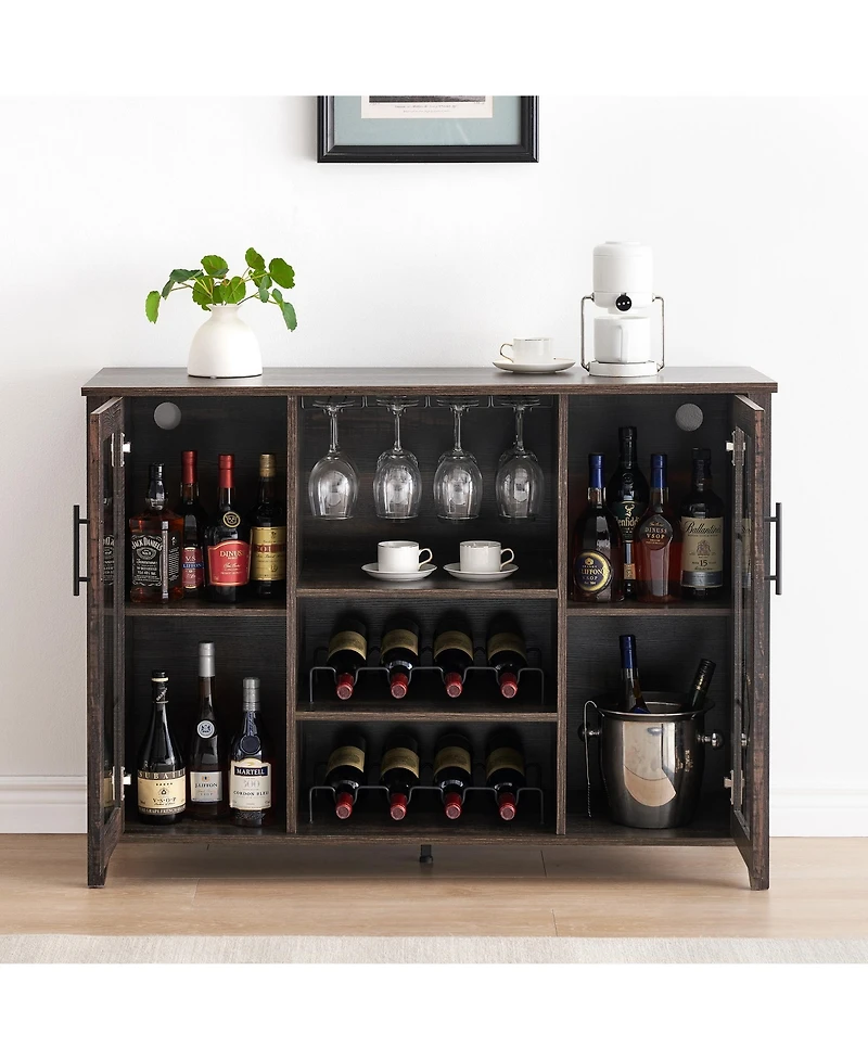 homfan Farmhouse Wine Bar Cabinet with Led Light, Wood Storage Cabinet with Glass Doors, Adjustable Shelves, Wine and Coffee Station for Home Bar