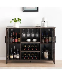 homfan Farmhouse Wine Bar Cabinet with Led Light, Wood Storage Cabinet with Glass Doors, Adjustable Shelves, Wine and Coffee Station for Home Bar