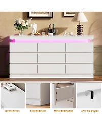 homfan 9 Drawer Dresser for Bedroom, 63" Wide Chest with Led Light and Charging Station, Tv Stand Multi-Functional Organizer Living Room