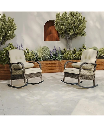homfan Set of 2 Outdoor Rocking Chairs with Cushions, Wicker, High-Back, Ergonomic High-Back Comfort, Handwoven Brown Rattan, Rustproof Steel Frame