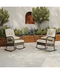 homfan Set of 2 Outdoor Rocking Chairs with Cushions, Wicker, High-Back, Ergonomic High-Back Comfort, Handwoven Brown Rattan, Rustproof Steel Frame