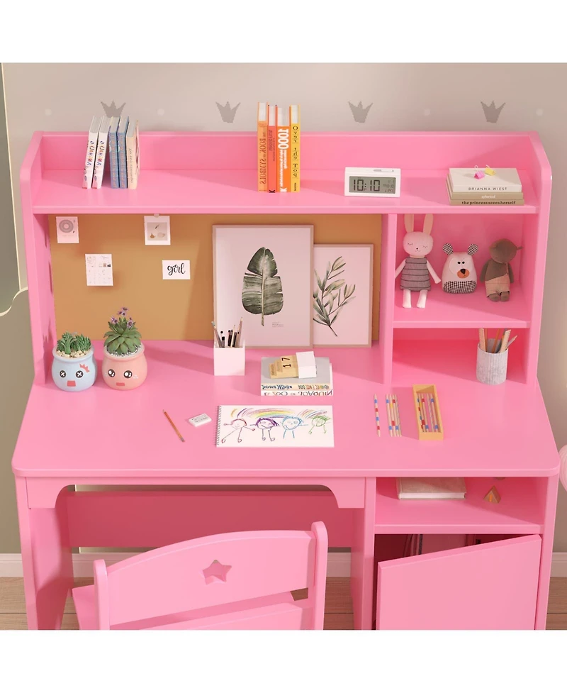 homfan Kids Desk and Chair Set with Hutch, Wooden Writing Table Storage Cabinet for Bedroom, Study Room, Computer Workstation