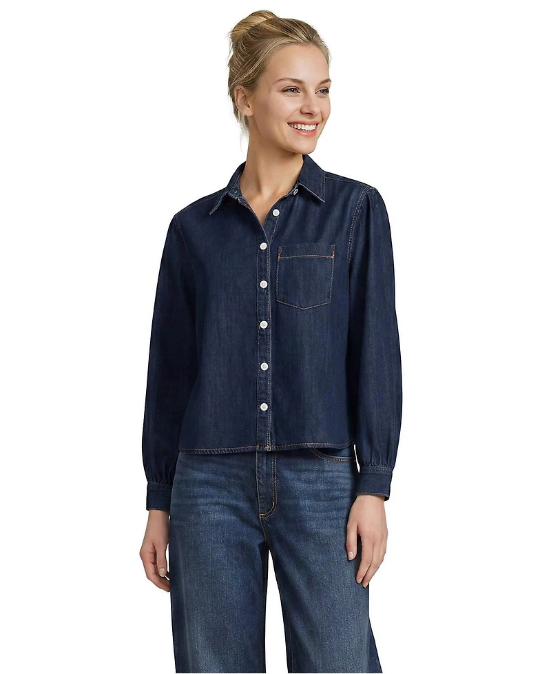 Lands' End Women's Denim Cropped Button Front Shirt