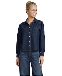 Lands' End Women's Denim Cropped Button Front Shirt