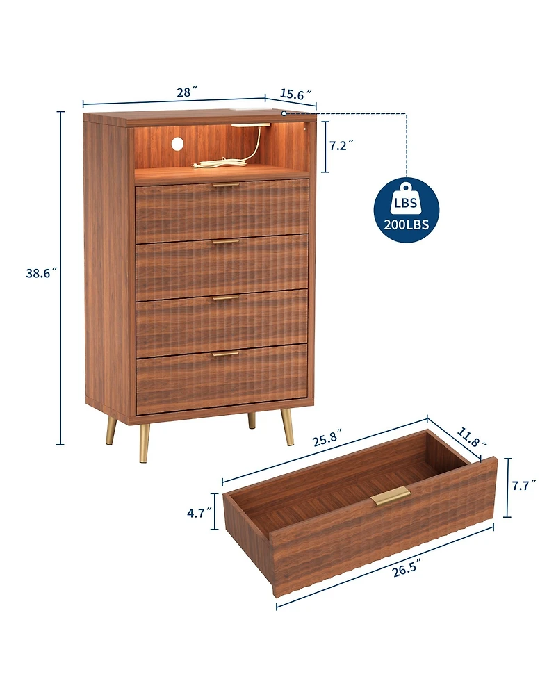 gaomon 4-Drawer Bedroom Dresser with Led Lights and Charging Station, Fluted Wood Chest of Drawers with Gold Handles and Open Shelf, Modern Tv Stand