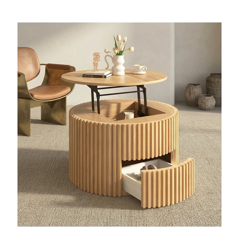 Flynama Round Lift Top Coffee Table Storage Fluted Wood Mdf Solid Wood Living Room Table