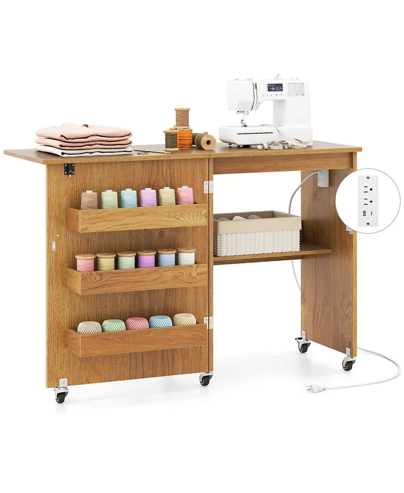 Costway Folding Sewing Table Rolling Craft Station with 3 Storage Bins