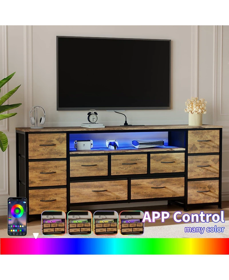 gaomon 63-Inch 11-Drawer Dresser with Integrated Power Outlets and Led Lighting, Tv Stand for 70-Inch Screens, Wide Chest for Bedroom and Living