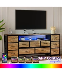 gaomon 63-Inch 11-Drawer Dresser with Integrated Power Outlets and Led Lighting, Tv Stand for 70-Inch Screens, Wide Chest for Bedroom and Living