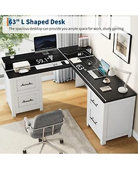 gaomon 63 Inch L-Shaped Desk with 4 File Drawers and Power Outlets, Large Corner Computer Desk with Integrated Monitor Stand, Rustic Office Desk