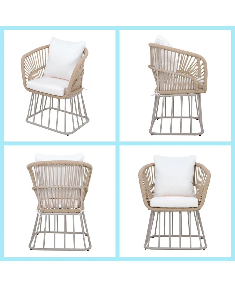 Asagikoiai 5-Piece Outdoor Dining Set, Wood Table and 4 Woven Rope Chairs with Steel Frame