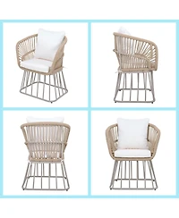 Asagikoiai 5-Piece Outdoor Dining Set, Wood Table and 4 Woven Rope Chairs with Steel Frame