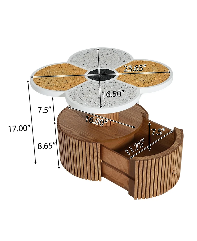 Flynama Four-Leaf Clover Side Table with Drawer, Stone Texture Top Wood-Grain Base Accent Table