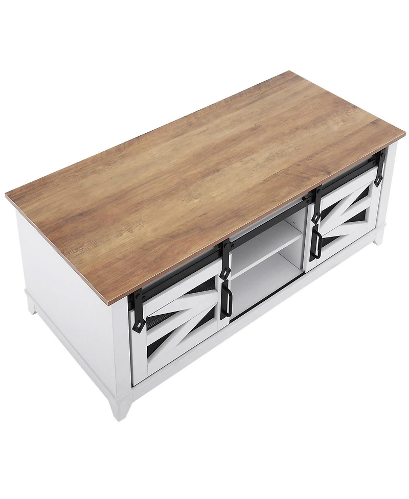 Slickblue Farmhouse Coffee Table with Sliding Barn Doors and Shelves