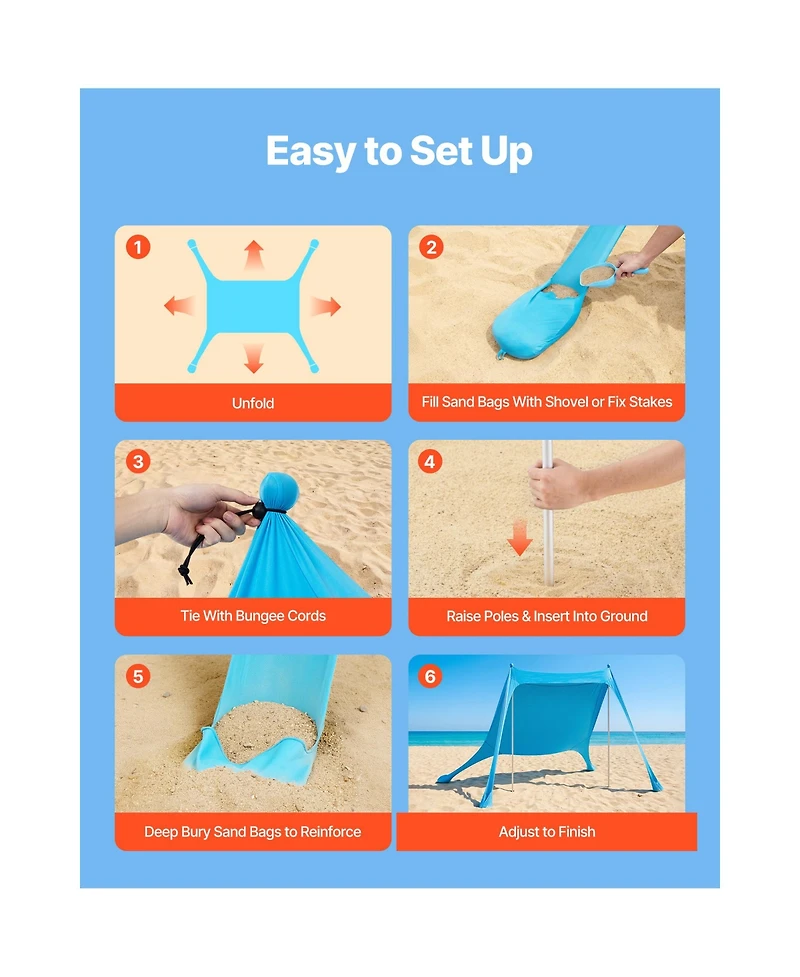 Sugift Beach Tent Sun Shelter UPF50+ 6.6 ft Tall 7.5x7.5 ft Pop Up Canopy with Sandbags for Camping
