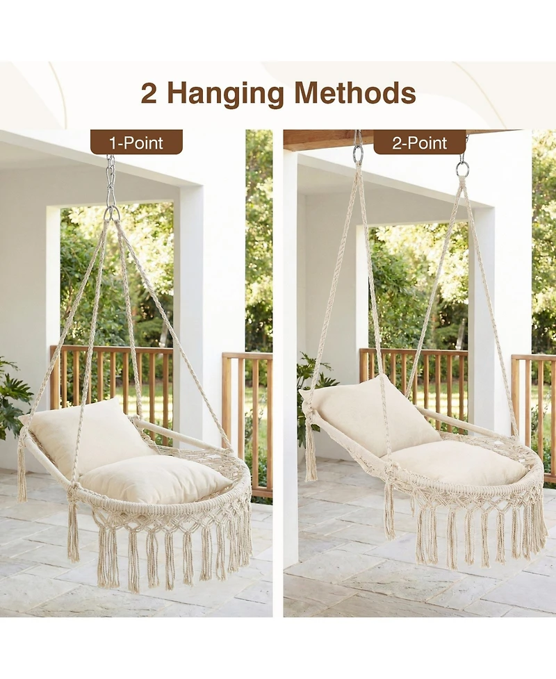 Costway Macrame Swing Chair with 2 Removable Cushions, Enduring Polyester Cotton Ropes