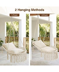 Costway Macrame Swing Chair with 2 Removable Cushions, Enduring Polyester Cotton Ropes